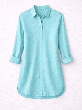J.Jill Love Linen Women's 100% Linen Aqua Button Down Tunic Blouse Size Small